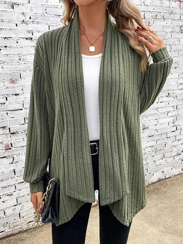 Daily Regular Solid Ribbed Open Front Long Sleeve Cardigan - Image 1