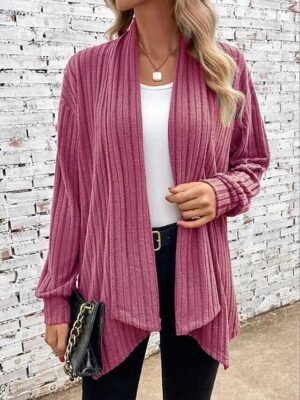 Daily Regular Solid Ribbed Open Front Long Sleeve Cardigan - Image 7