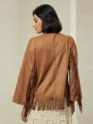 Designer Flare Cuff Suede Fringed Jacket - Image 2