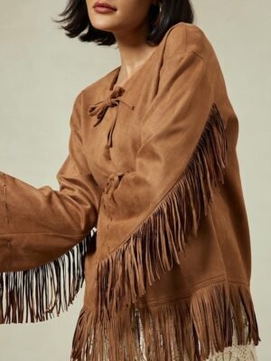Designer Flare Cuff Suede Fringed Jacket - Image 3