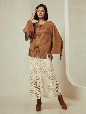 Designer Flare Cuff Suede Fringed Jacket - Image 6