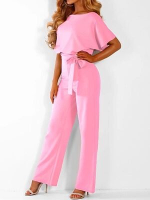 Dressy Clean Fit Belt Short Sleeve Wide Leg Jumpsuit - Image 7