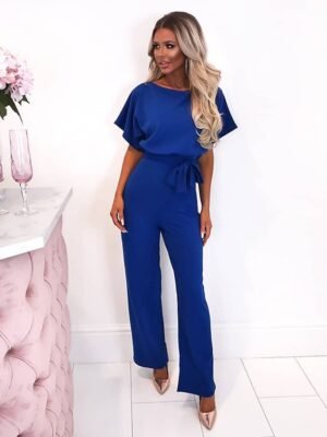 Dressy Clean Fit Belt Short Sleeve Wide Leg Jumpsuit - Image 9
