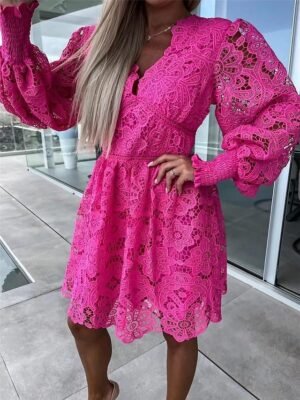 Elegant A Line Lace V Neck Long Sleeve Mini Dress - Image 5