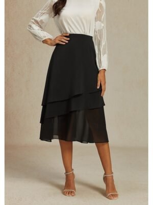 Elegant A Line Plain High Waist Irregular Hem Midi Chiffon Skirt - Image 1