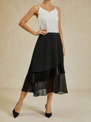 Elegant A Line Plain High Waist Irregular Hem Midi Chiffon Skirt - Image 4