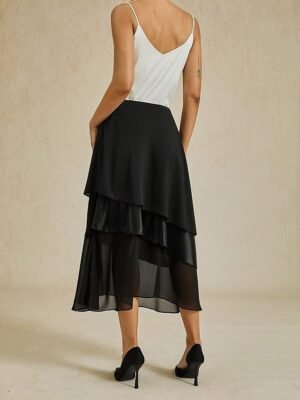 Elegant A Line Plain High Waist Irregular Hem Midi Chiffon Skirt - Image 5