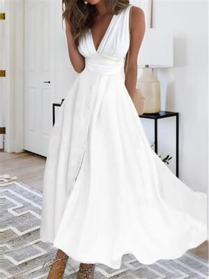 Elegant A-Line White V-Neck Sleeveless Maxi Dress - Image 1