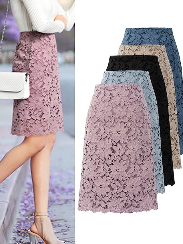 Elegant Bodycon Solid High Waist Lace Above Knee Skirt - Image 1