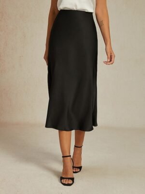 Elegant Business Plain Mid Rise Midi Chiffon Skirt - Image 5