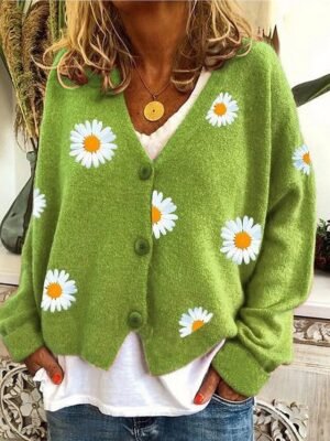 Elegant Casual Daisy Ribbed Open Front Embroidery Long Sleeve Cardigan - Image 2