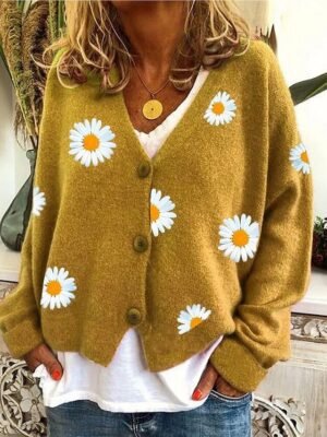 Elegant Casual Daisy Ribbed Open Front Embroidery Long Sleeve Cardigan - Image 3