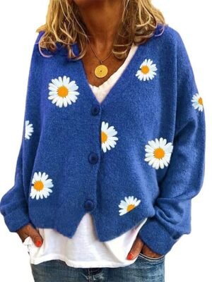 Elegant Casual Daisy Ribbed Open Front Embroidery Long Sleeve Cardigan - Image 4