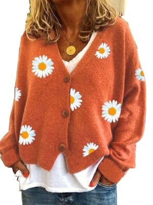 Elegant Casual Daisy Ribbed Open Front Embroidery Long Sleeve Cardigan - Image 5