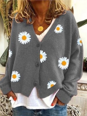 Elegant Casual Daisy Ribbed Open Front Embroidery Long Sleeve Cardigan - Image 6
