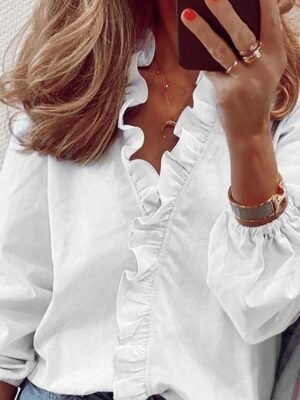 Elegant Casual Loose Floral V Neck Long Sleeve Blouse - Image 1