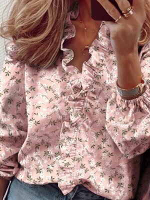 Elegant Casual Loose Floral V Neck Long Sleeve Blouse - Image 5