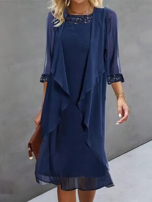Elegant Casual Plain Crew Neck 3/4 Sleeve Midi Dress - Image 1