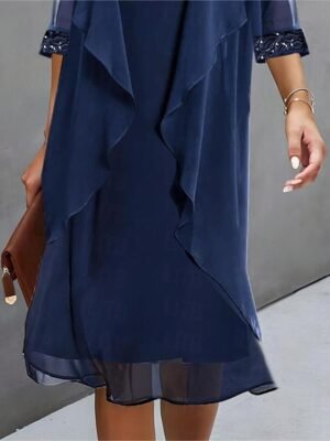 Elegant Casual Plain Crew Neck 3/4 Sleeve Midi Dress - Image 13