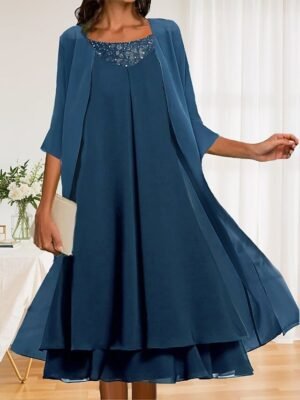 Elegant Casual Plain Crew Neck 3/4 Sleeve Midi Dress Set - Image 2