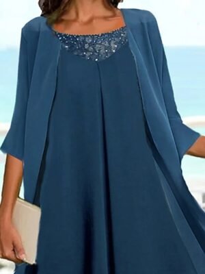 Elegant Casual Plain Crew Neck 3/4 Sleeve Midi Dress Set - Image 3