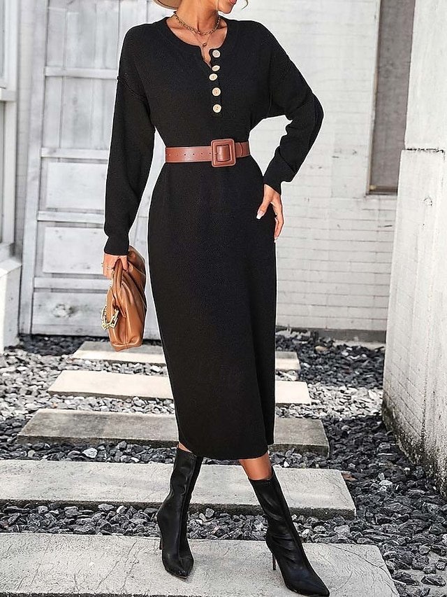 Elegant Casual Solid Crew Neck Long Sleeve Sweater Dress - Image 1