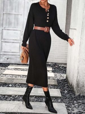 Elegant Casual Solid Crew Neck Long Sleeve Sweater Dress - Image 2