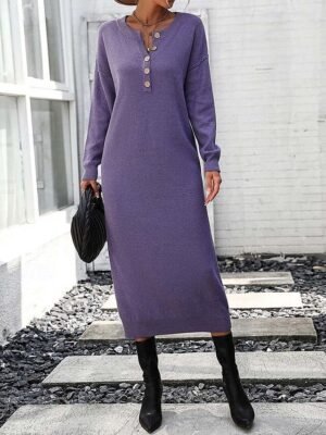 Elegant Casual Solid Crew Neck Long Sleeve Sweater Dress - Image 6