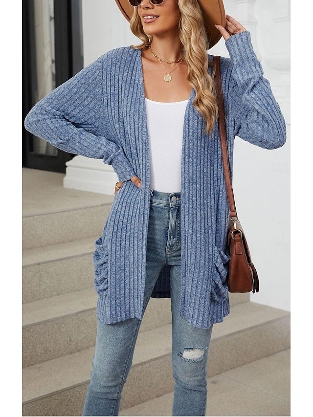 Elegant Casual Solid Open Front Long Sleeve Regular Knit Cardigan - Image 2