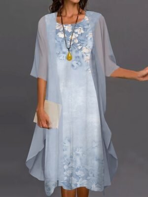 Elegant Classic Floral Crew Neck Half Sleeve Midi Dress Set - Image 1