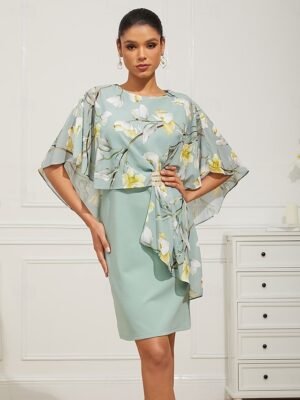 Elegant Classic Floral Crew Neck Half Sleeve Midi Dress Set - Image 4