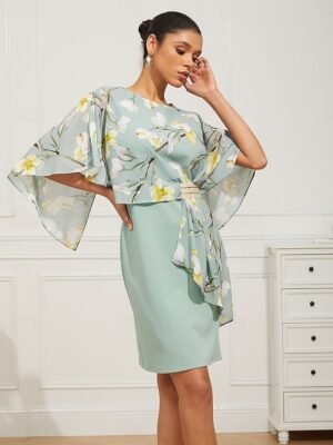 Elegant Classic Floral Crew Neck Half Sleeve Midi Dress Set - Image 6