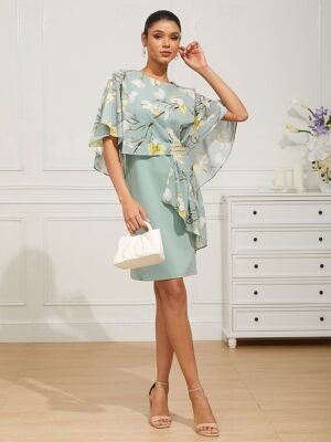 Elegant Classic Floral Crew Neck Half Sleeve Midi Dress Set - Image 7