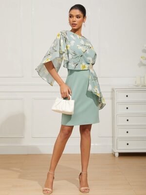 Elegant Classic Floral Crew Neck Half Sleeve Midi Dress Set - Image 9