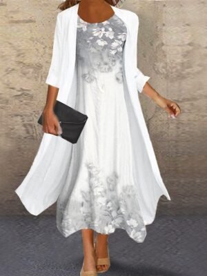 Elegant Classic Floral Crew Neck Long Sleeve Midi Dress Set - Image 1