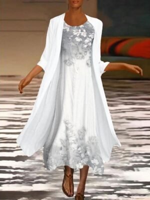 Elegant Classic Floral Crew Neck Long Sleeve Midi Dress Set - Image 8