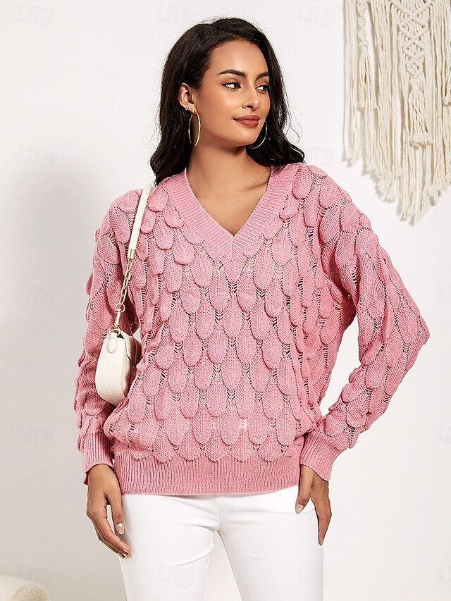 Elegant Fashion Floral V Neck Hollow Out Long Sleeve Regular Knit Top - Image 2