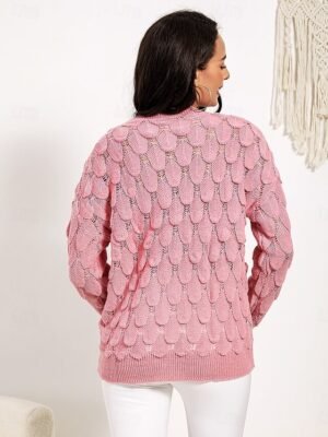 Elegant Fashion Floral V Neck Hollow Out Long Sleeve Regular Knit Top - Image 3