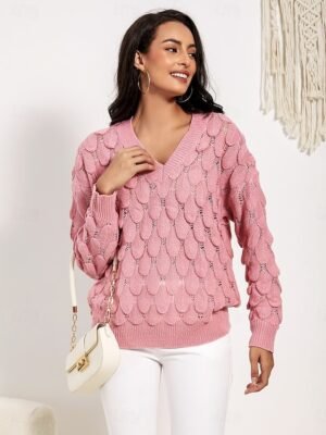 Elegant Fashion Floral V Neck Hollow Out Long Sleeve Regular Knit Top - Image 4