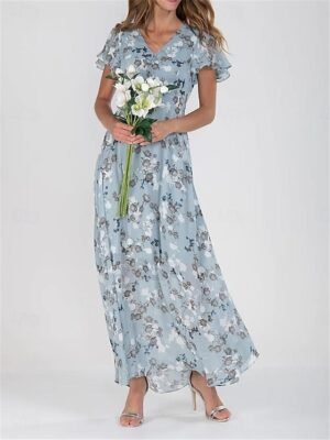 Elegant Flowy Floral V Neck Flutter Sleeve Maxi Dress - Image 1