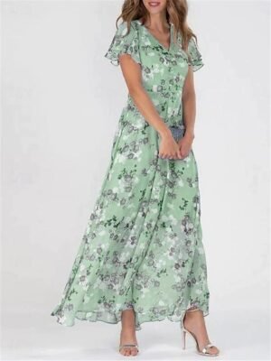 Elegant Flowy Floral V Neck Flutter Sleeve Maxi Dress - Image 3