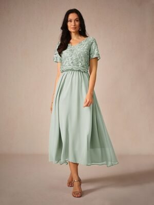 Elegant Formal Contrast Lace V Neck Short Sleeve Maxi Dress - Image 20