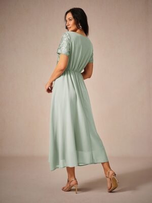 Elegant Formal Contrast Lace V Neck Short Sleeve Maxi Dress - Image 21