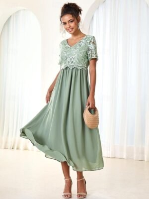 Elegant Formal Contrast Lace V Neck Short Sleeve Maxi Dress - Image 7