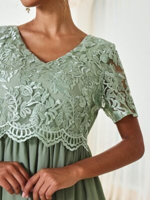 Elegant Formal Contrast Lace V Neck Short Sleeve Maxi Dress - Image 9