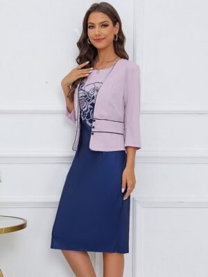 Elegant Formal Floral Crew Neck 3/4 Sleeve Knee Length Dress Set - Image 11
