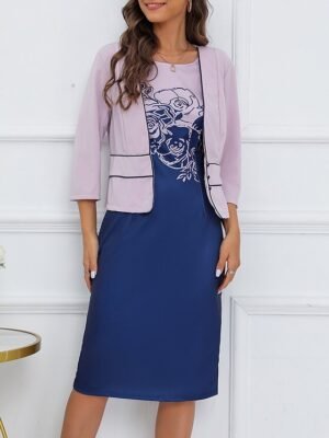 Elegant Formal Floral Crew Neck 3/4 Sleeve Knee Length Dress Set - Image 12