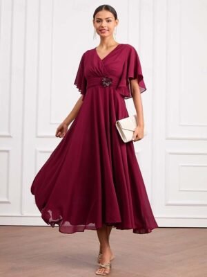 Elegant Formal Plain V Neck Short Sleeve Maxi Wrap Dress - Image 2