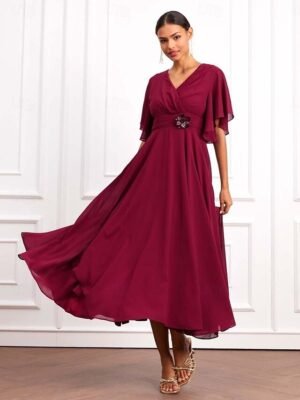 Elegant Formal Plain V Neck Short Sleeve Maxi Wrap Dress - Image 5