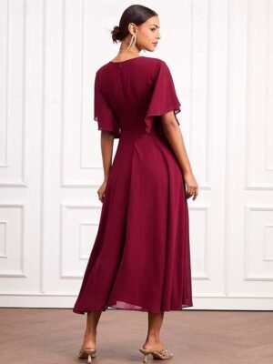 Elegant Formal Plain V Neck Short Sleeve Maxi Wrap Dress - Image 9